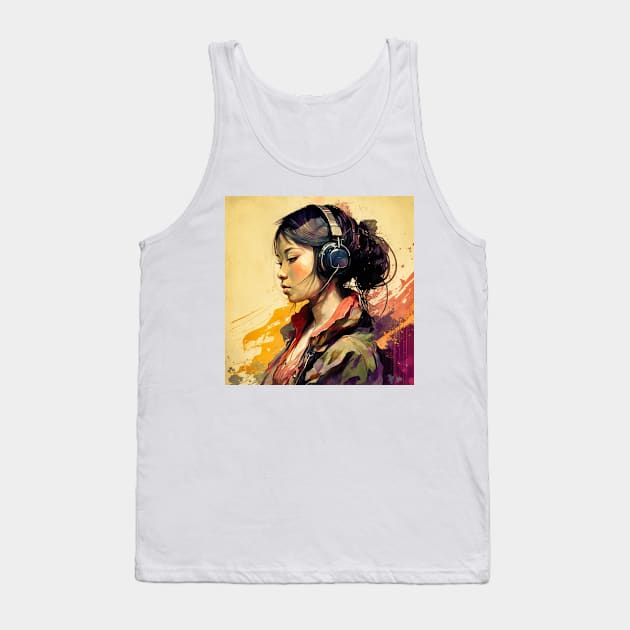 Music Lover-Listening to Music with Earphones-Asian Woman Tank Top by Unboxed Mind of J.A.Y LLC 